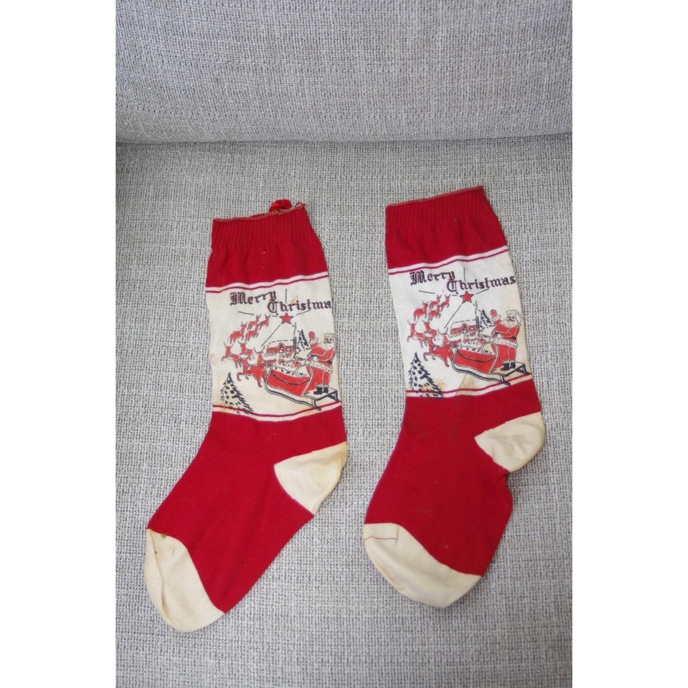Antique Vintage 1930s Christmas Stockings Santa Sleigh Merry Christmas‎ lot of 2
